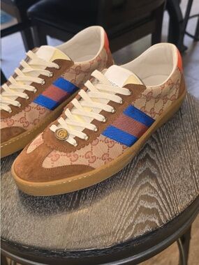 Gucci Men’s Brown GG Canvas Sneakers with Blue and Red Web